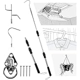 Attic Pull Down Hook, wall Mount Pull Ring, Replaces Attic Pull Down Cord | 17"- 35" Adjustable Stainless Steel Pull Stick and Stainless Steel Pull Ring, Replace the hanging rope on the attic staircase