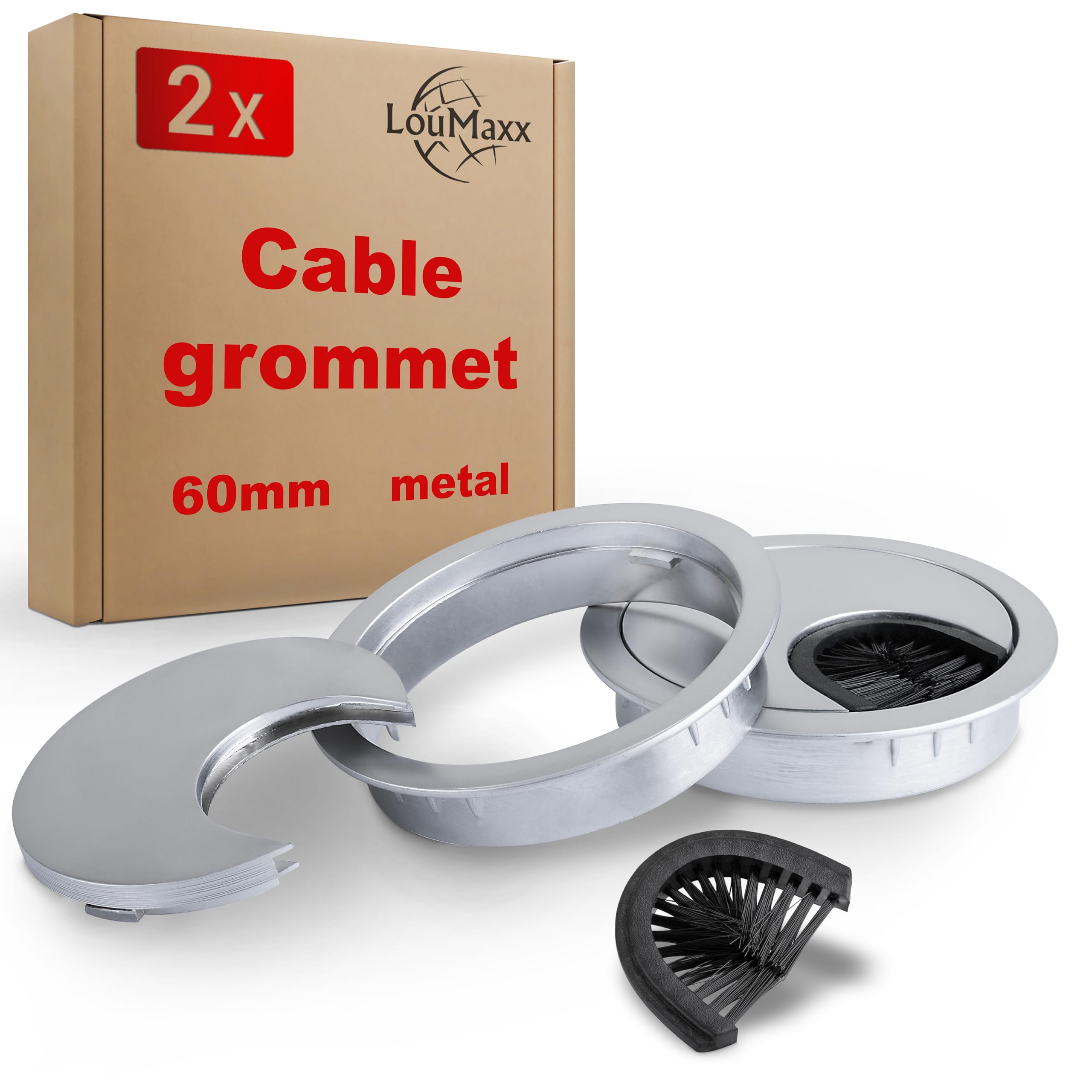 Loumaxx Cable Grommet – Set of 2 Metal with Brush Seal – Ø60 mm — image 1