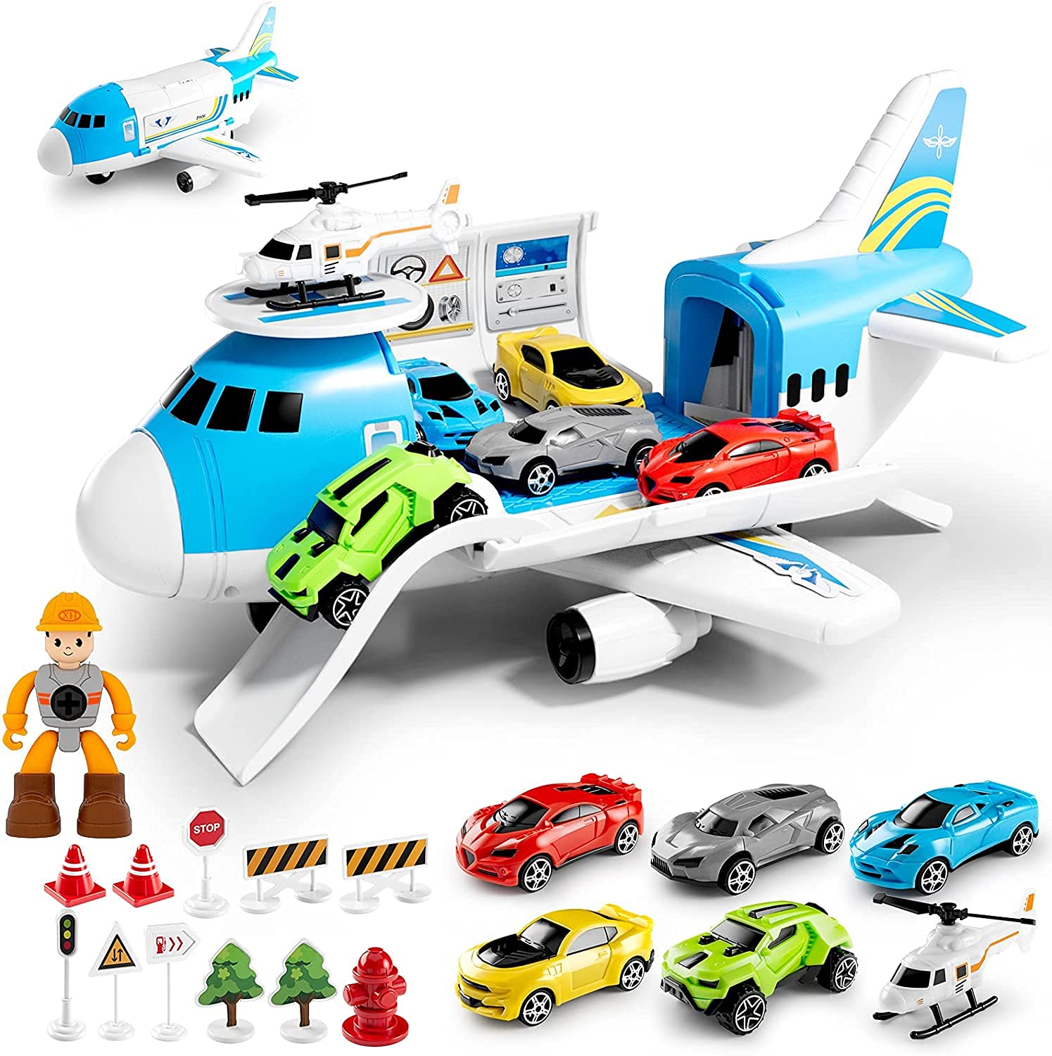 Photo 1 of LOVE LIFE Airplane Toy Set Transport Cargo Plane Play Toy Gift for 3 4 5 6 Years Old Boys Girls Kids,Aircraft Vehicle Toys with 5 Mini Cars,Helicopter and Construction Worker