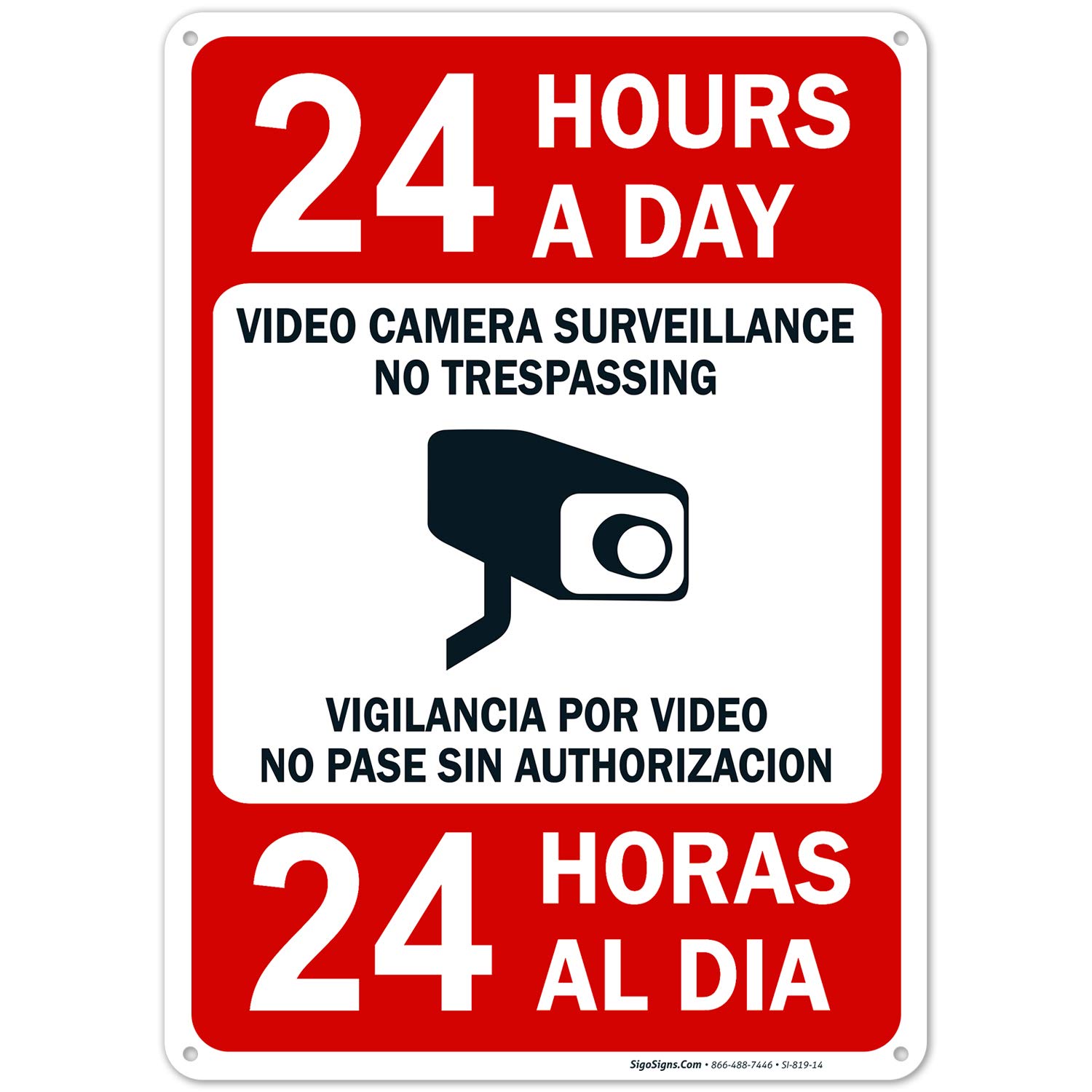 Video Surveillance No Trespassing Sign, Bilingual English and Spanish, 10x14 Rust Free Aluminum, Weather/Fade Resistant, Easy Mounting, Indoor/Outdoor Use, Made in USA by Sigo Signs