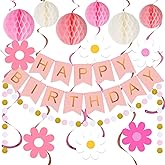 Meowtastic Pink Birthday Decorations - Happy Banner with Honeycomb Ball, Daisy Flower Hanging Swirl Streamer, Circle Dot Garland - Party Decoration for Women Girls