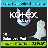 Kotex BioCare Ultra Thin Pads, Wings, Heavy, 24 Count | pH Balanced Pad, Gravity Core, 5X System with LeakShield Protection, Made Without Fragrance, Clean &amp; Dry Feel
