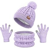 KIRAAT Kids Winter Pom Beanie Hat Scarf Gloves Set,Toddler Girls Boys Warm Knitted Fleece Lining Woollen Cap for 3-10 Years