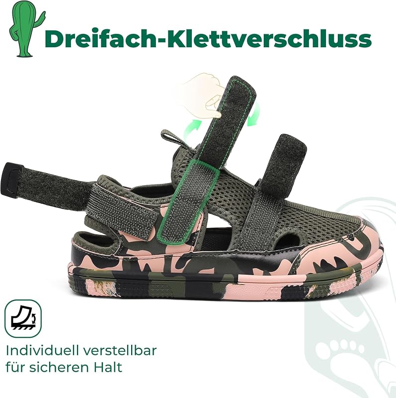 Sandalen Jungen Barfußsandalen Kinder Sommerschuhe Geschlossener Zehenkapper Wassersandalen Klettverschlusses Kindersandalen für Kindergarten Alltag Outdoor Armeegrün, 35