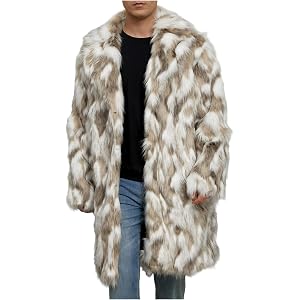 Lmlmigy Mens Leopard Print Faux Fur Coat Shaggy Thick Winter Peacoat | Plush Faux Fur or Shearling Shell, Lapel or Shawl Coll