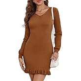 Bbonlinedress Women Long Sleeve Knit Sweater Dress Bodycon Mini Casual Pullover Ribbed Sweater Ruffle V-Neck Fall Dress