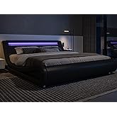Allewie King Size LED Platform Bed Frame with Adjustable Headboard/No Box Spring Need/Easy Assembly/Faux Leather in Black