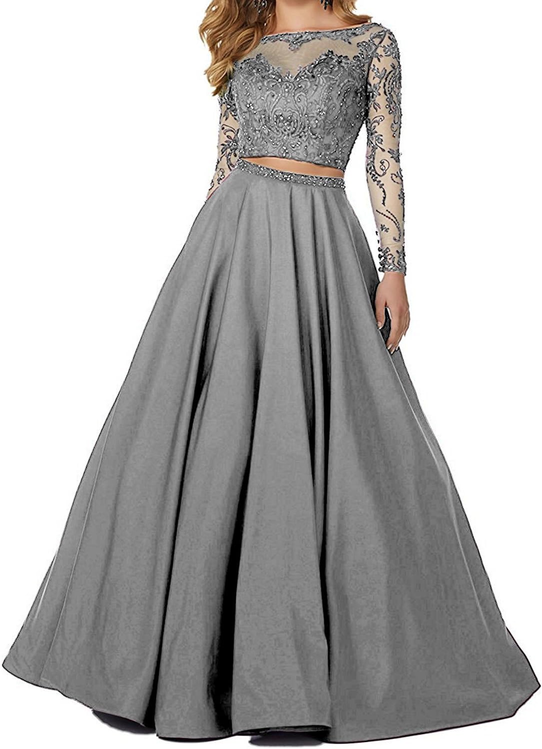 Sound of blossoming 2018 Two Pieces Beaded Prom Dresses Lace Illusion Long Sleeves Formal Evening Ball Gown041