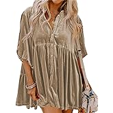 Melliflo Womens Velvet Dress Button Down T Shirt 3/4 Sleeve Tunic Tops Casual Lapel Babydoll Mini Dress