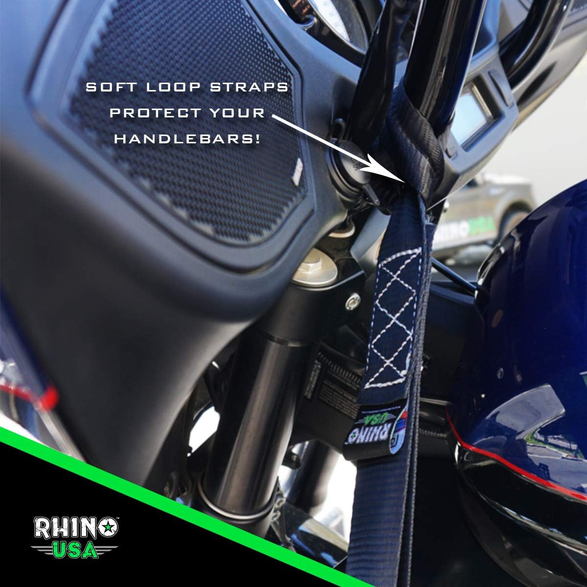 RHINO USA Ratchet Straps Motorcycle Tie Down Kit, 5,208 Break Strength - (2) Heavy Duty 1.6" x 8' Rachet Tiedowns with Padded Handles & Coated Chromoly S Hooks + (2) Soft Loop Tie-Downs (Blue): Home Improvement