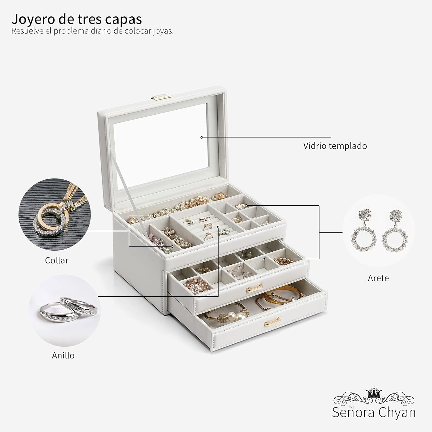 Jewelry Box with Glass Lid for Mothers Day Gifts, 3 Layer Jewelry Organizer with 2 Drawers, Large Leather Jewelry Storage for Necklaces Rings Earrings Bracelets Watches(White): Home Improvement