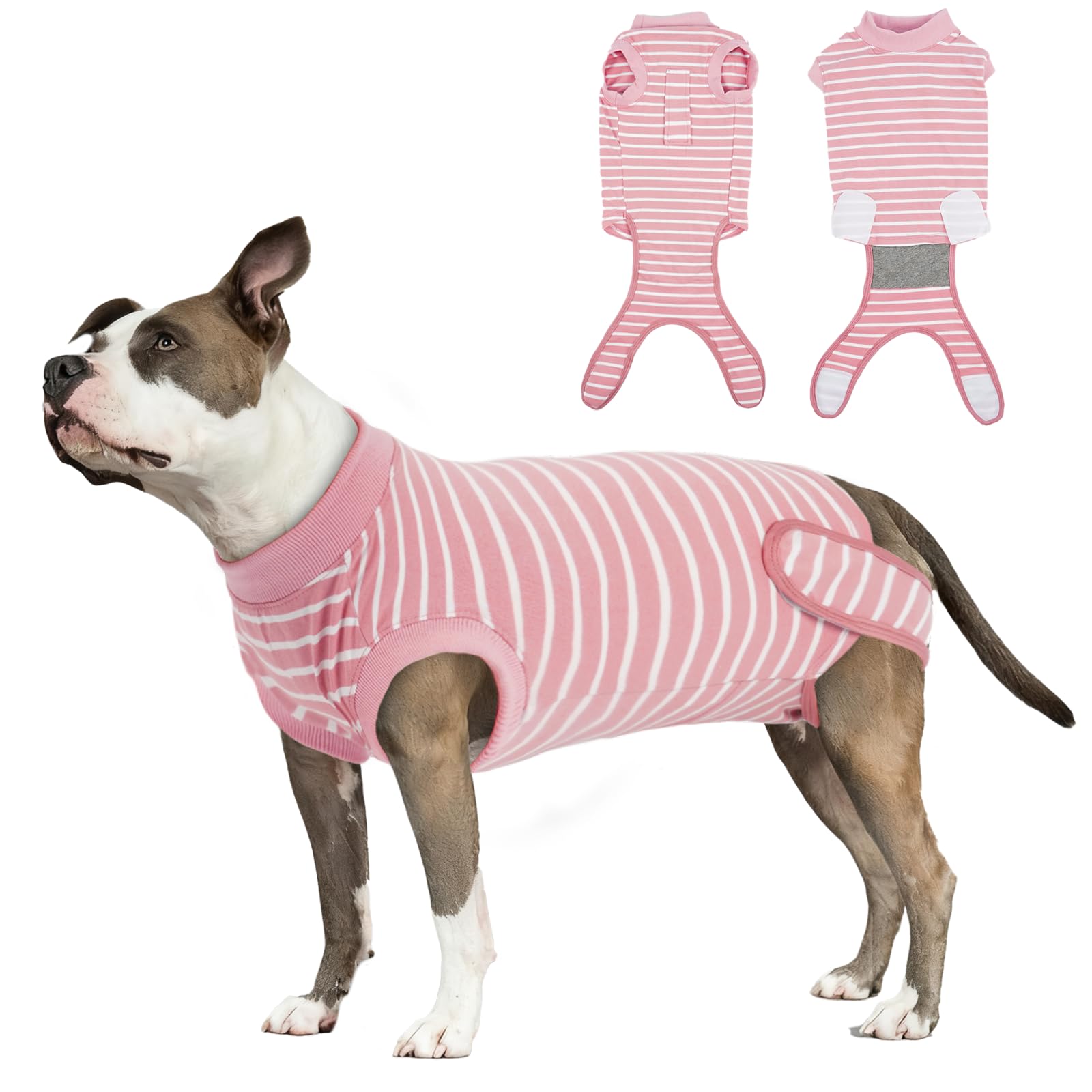 Dog Surgery Recovery Suit - Cotton Dogs Surgery Suit with Belly Pocket, Post Spay Dog Suits Fastening at Back End, Wound Protection Clothing After OP Body for Beagle, French Bulldog, Pink Stripe L