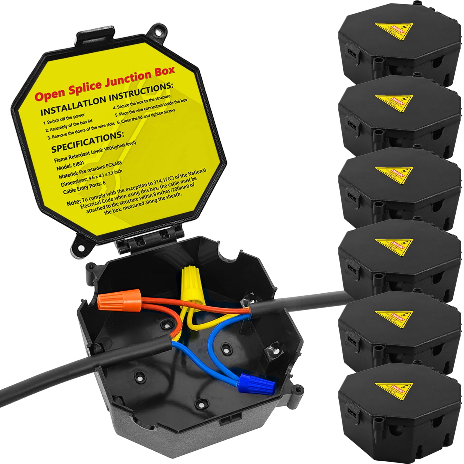 Photo 1 of MIARALA Black Open Splice Junction Box (6 Pack), Splice Box Wire Electrical Junction Box with Cover V0 Flame Retardant Rating(Highest Level)