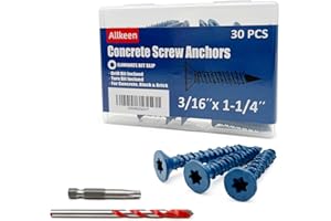Allkeen 3/16" x 1-1/4" Concrete Screws, Anchoring to Masonry, Brick, Block, Cement or Stucco, 30PCS