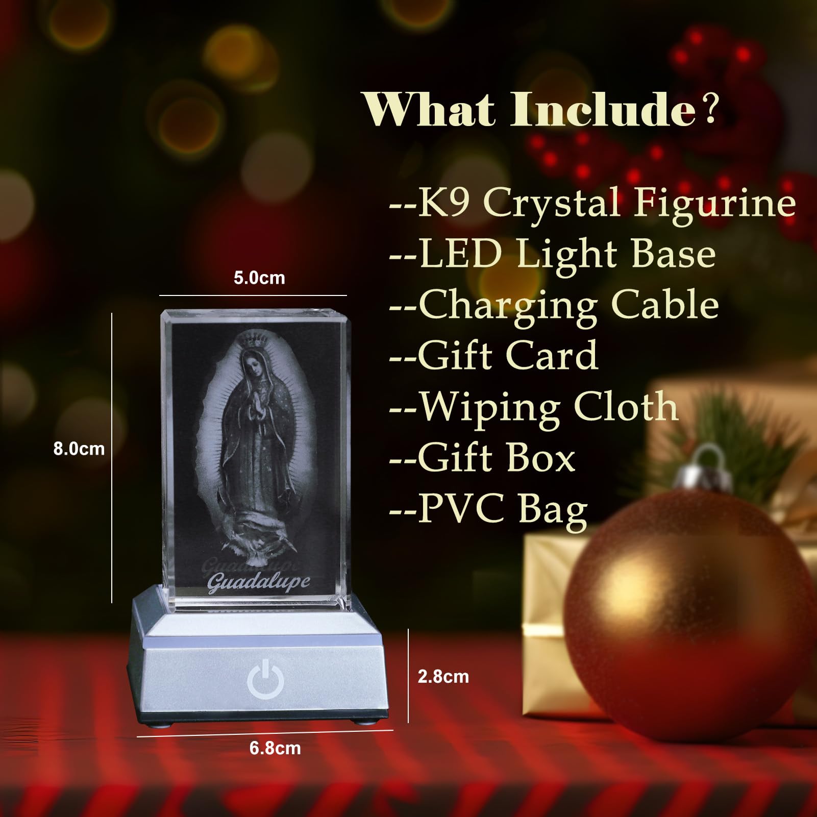 KOMI 3D Crystal Statues Decorations Religious Gifts for Women Laser Etched Crystal Our Lady of Guadalupe Glass Statues with Colorful LED Light Base