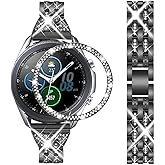 DEALELE Bands Compatible with Samsung Galaxy Watch 3 (41mm), 20mm Luxury Diamond Stainless Steel Metal Bracelet with Rhinestone Bezel Ring Case Cover Replacement for Women Men