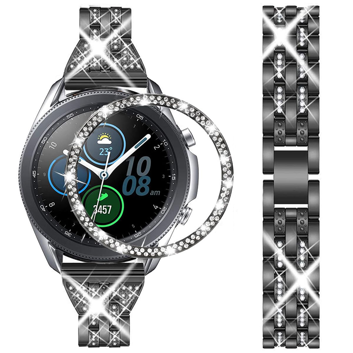 DEALELE Strap Compatible with Samsung Galaxy Watch 3 (41mm), 20mm Bling Rhinestone Dimaond Metal Steel Bracelet with Watch Face Bezel Ring Case Cover Replacement for Women Men, Black