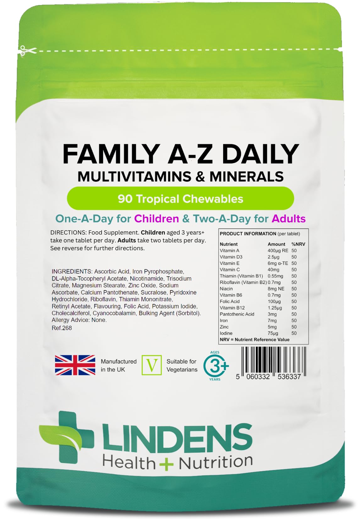 Lindens - Family A-Z Daily Multivitamins and Minerals - 90 Chewables for Adults and Children - UK Made - Tropical Flavour - Healthy Growth, Development & Immune System - Letterbox Friendly, Vegan