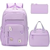 HuiLeo Kawaii Girls Backpack with Lunch Box Set, Cute Aesthetic Backpack Teens Bookbag for Middle High School (Purple)