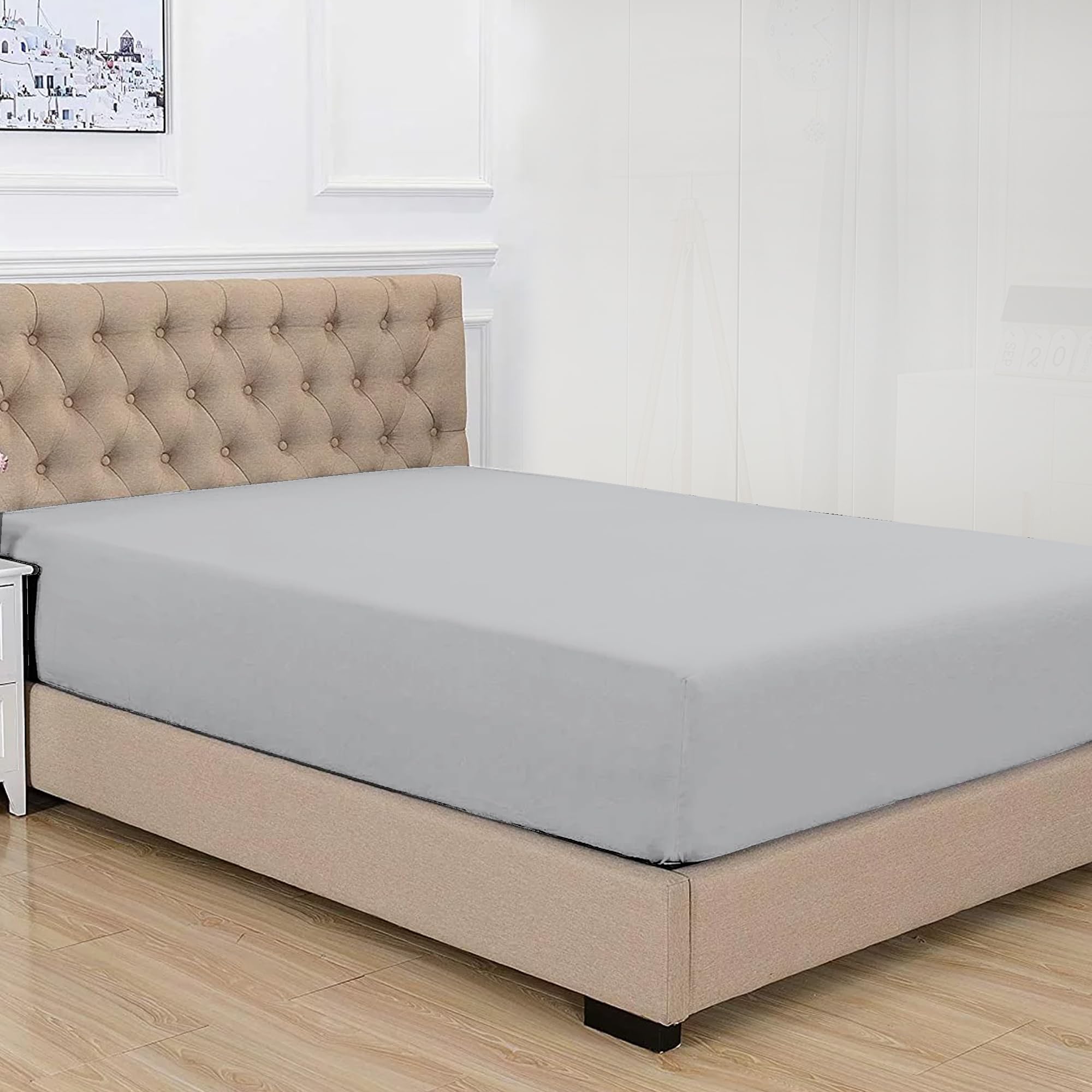 Purity Home 100% Cotton Double Fitted Sheet 140x200 cm – Light Grey, 400 Thread Count Sateen Weave, Long Staple Cotton, 38cm Deep Fitted Sheets Double Bed Cotton, True Grip Secure Fit Elastic Bedsheet