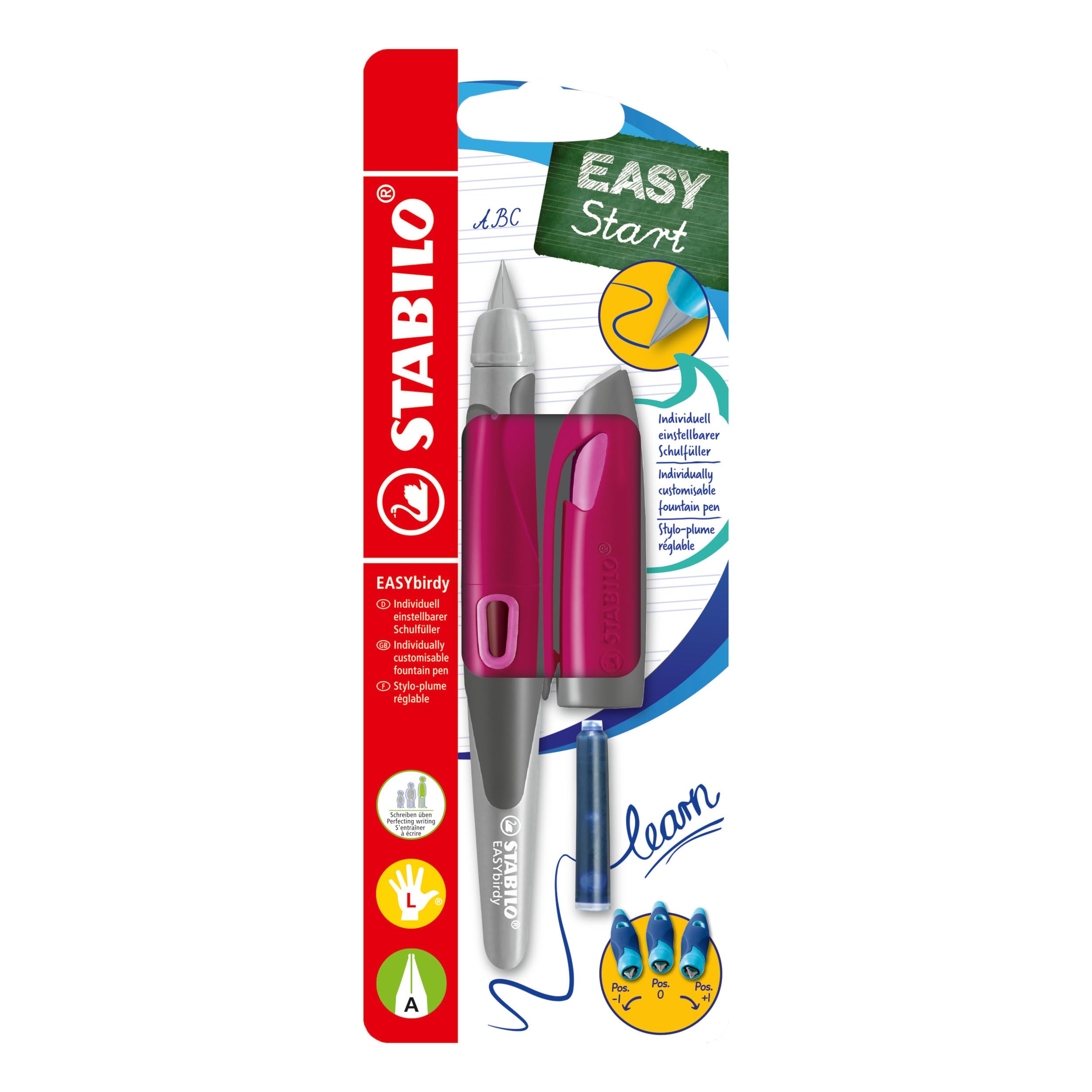 STABILO Ergonomic School Fountain Pen EASYbirdy - A Nib - Left Handed - Berry/Pink