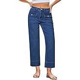 GRAPENT Wide Leg Jeans for Women Trendy High Waisted Straight Leg Cropped Stretchy Denim Pants with Retro Patch Pockets