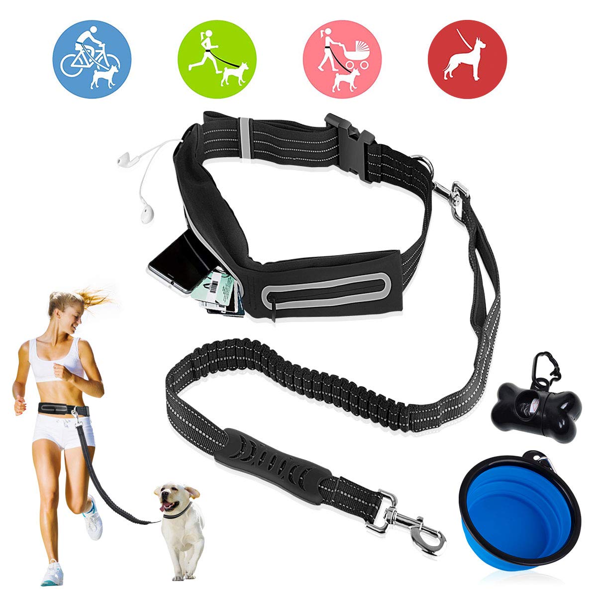 JolyJoy Hands Free Dog Leash with Adjustable Waist Bag, Shock Absorbing Bungee Leash for Dogs up to 150lbs, Reflective Running Belt with 2 Pockets For Dog Walking, Jogging - Bonus Collapsible Pet Bowl