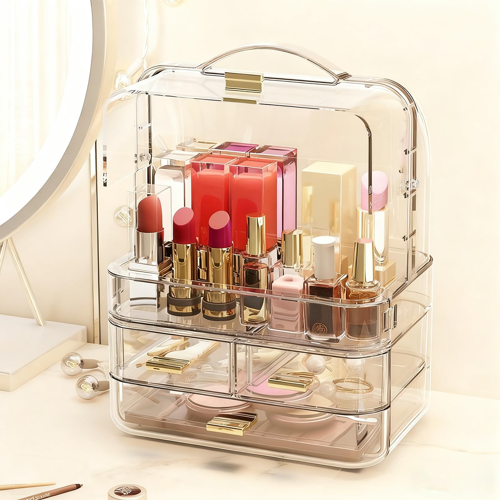 Photo 1 of *MINOR DAMAGE - USED*
Transparent Makeup Box, Makeup Storage Box Mesh, Makeup Organizer For Vanity, Cosmetic Display Cases With Transparent Cover, Drawers, Dustproof, Portable Handle, For Vanity, Dresser, Countertop(Clear)