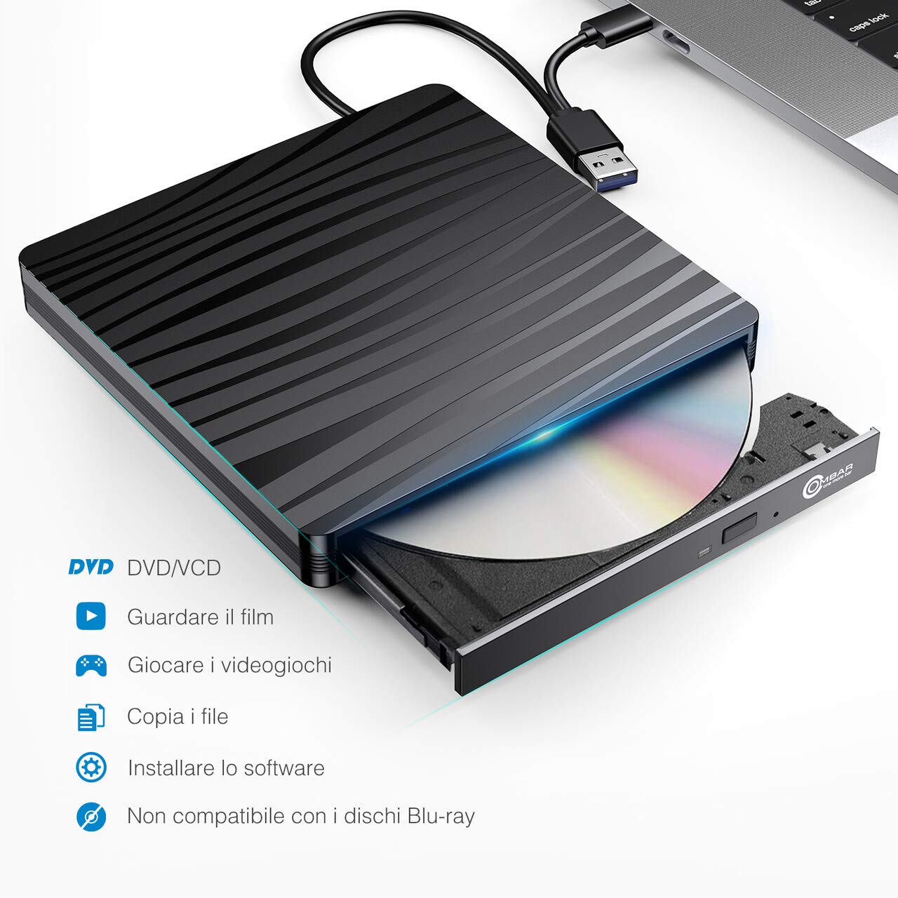 OMBAR Unità Ottica Esterna CD DVD , USB 3.0 e Tipo-C Dual Port Adatto per Laptop, Desktop, Mac, Macbook, IOS, Windows 10/8.1/7 e Linux, Nero