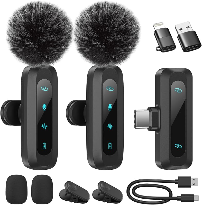 Kabelloses Lavalier-Mikrofon für iPhone, iPad, Android-Handy, 2er-Pack Mini-Mikrofon mit Rauschunterdrückung, Auto-Pairing und Stummschaltung und Reverb für Vlogging, Videoaufnahmen, TikTok, YouTube