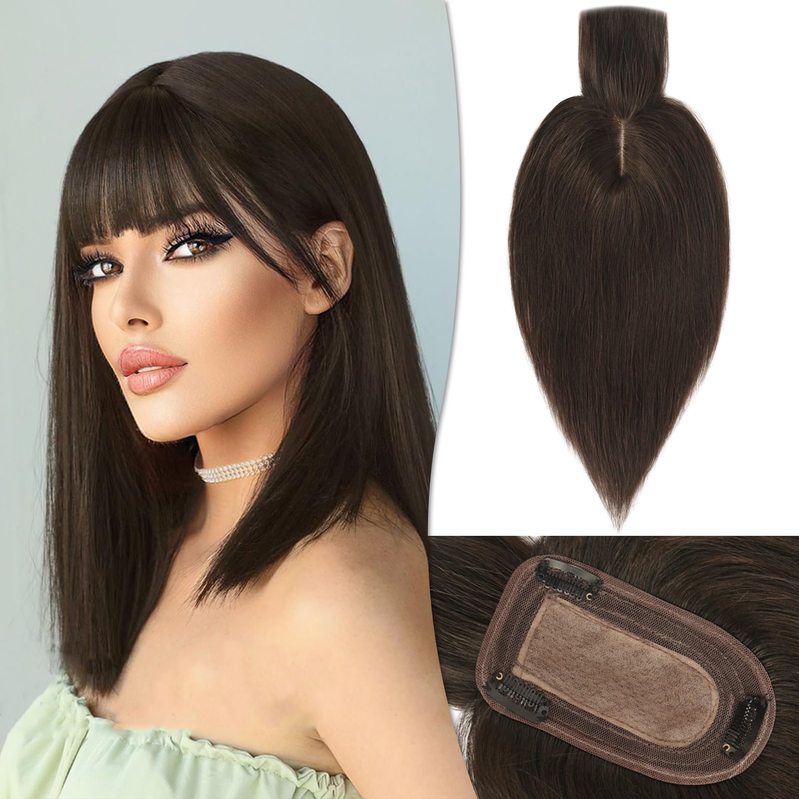 Photo 1 of RUWISS Human Hair Topper with Bangs Crown Topper Hair Pieces for Women Short Wiglet Topper for Thinning Hair 7.5 * 13CM Silk Base 100% Real Human Hair Clip in Topper 10Inch 35g?Dark Brown?