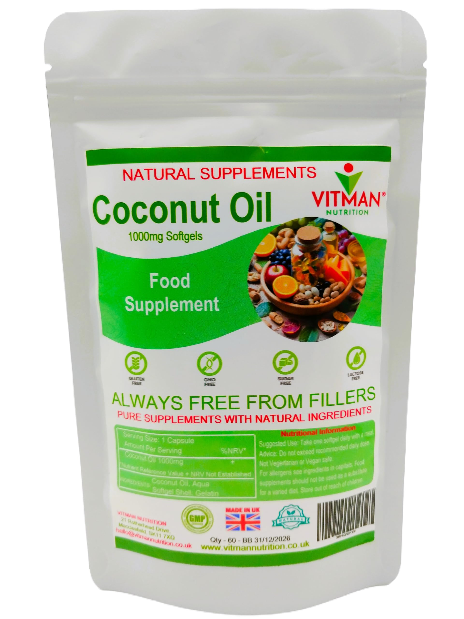 Coconut Oil Natural Softgels 1000mg x 60 Pure Cold Pressed Extra Virgin Oil Capsules for Optimal Anti Ageing, High Potency Supplement for Skin & Hair