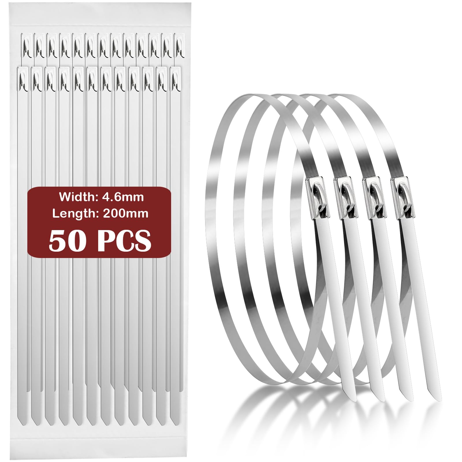 Fohirey 50 Pcs Metal Cable Ties 4.6×200mm, 304 Stainless Steel Zip Ties Silver Metal Tie Wraps, Heavy Duty Metal Zip Ties UV Resistance Steel Cable Ties for Outdoor Fence and Binding Requirements