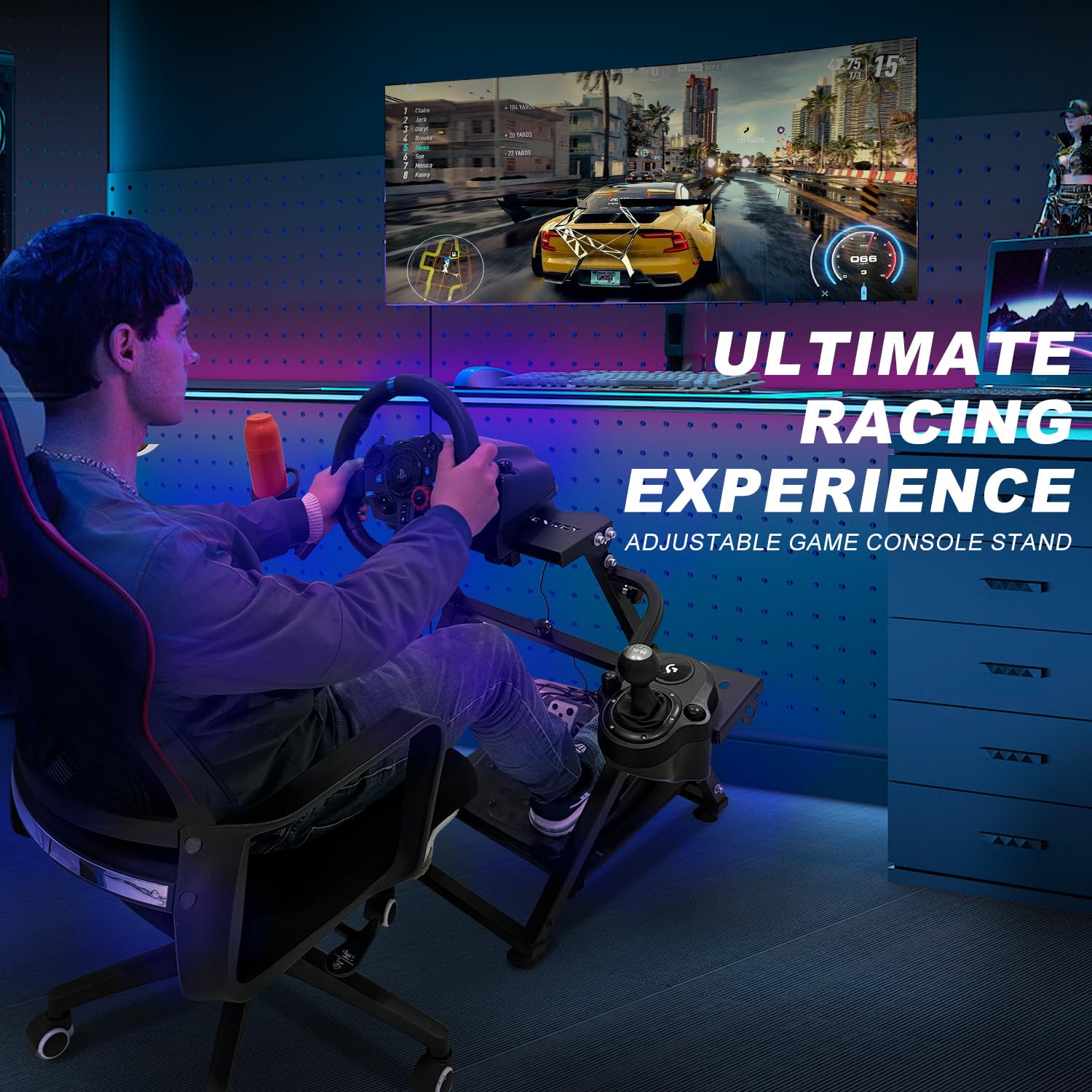 CXRCY Soporte para volante de carreras con portavasos, altura ajustable y plegable, soporte para volante compatible con Logitech G920 G29 G27 G25 Gaming Cockpit (rueda y pedales no incluidos)