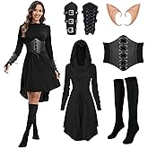 5 Pcs Women Renaissance Elf Costume Hooded Robe Lace Up Medieval Fairy Dress Suitable for Halloween Cosplay