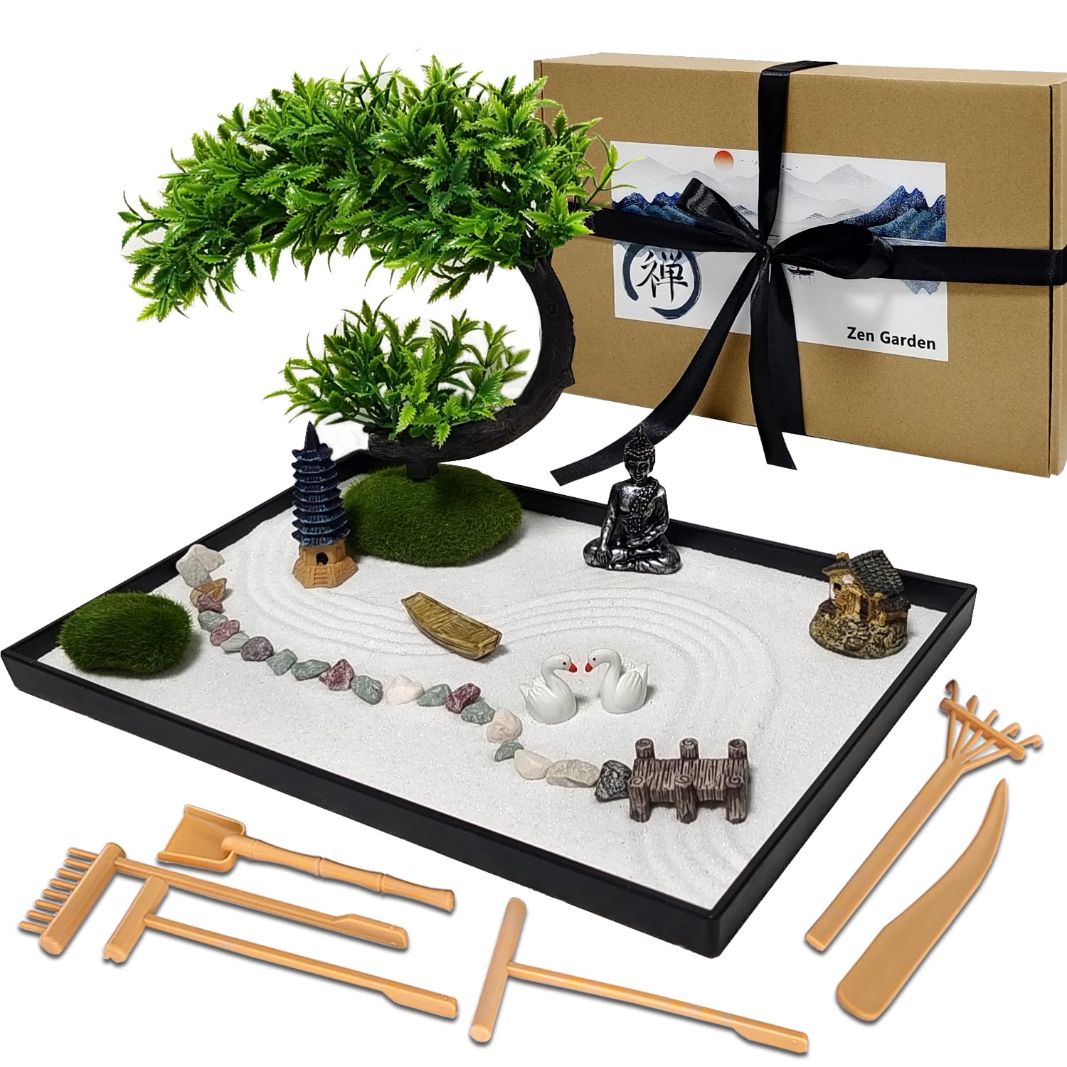 LuXianYS Japanese Zen Garden, Mini Zen Garden Home Decoration for Desk with Rake, Mini Zen Sand Rock Garden Ornament, Meditation Gift Set for Meditation, Relaxation and Gift