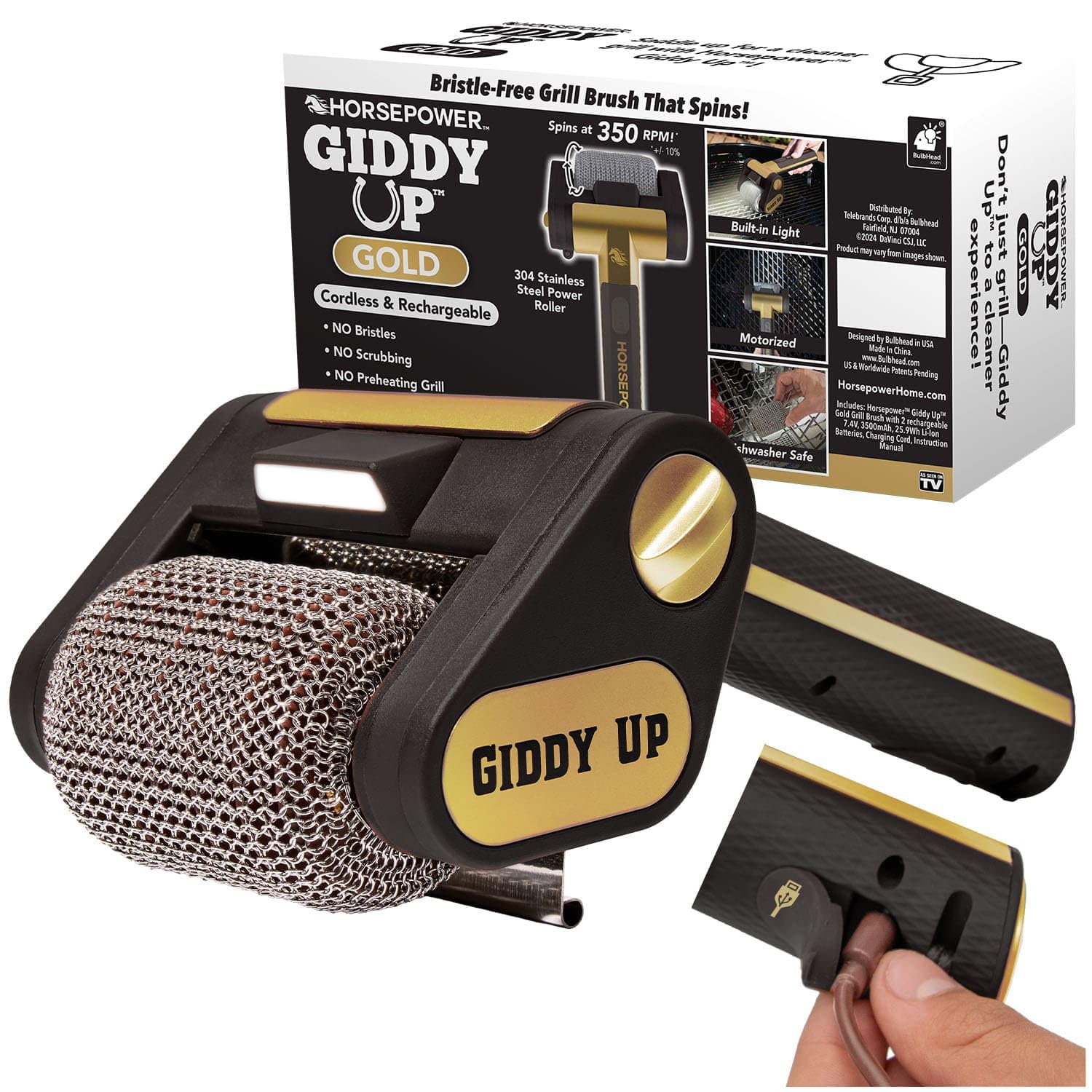 horsepower giddy up gold bristle-free spinning grill brush w/led & longer run time, cordless/rechargeable, 304 stainless steel power roller blasts away burnt-on food, no bristles no preheating 350 rpm