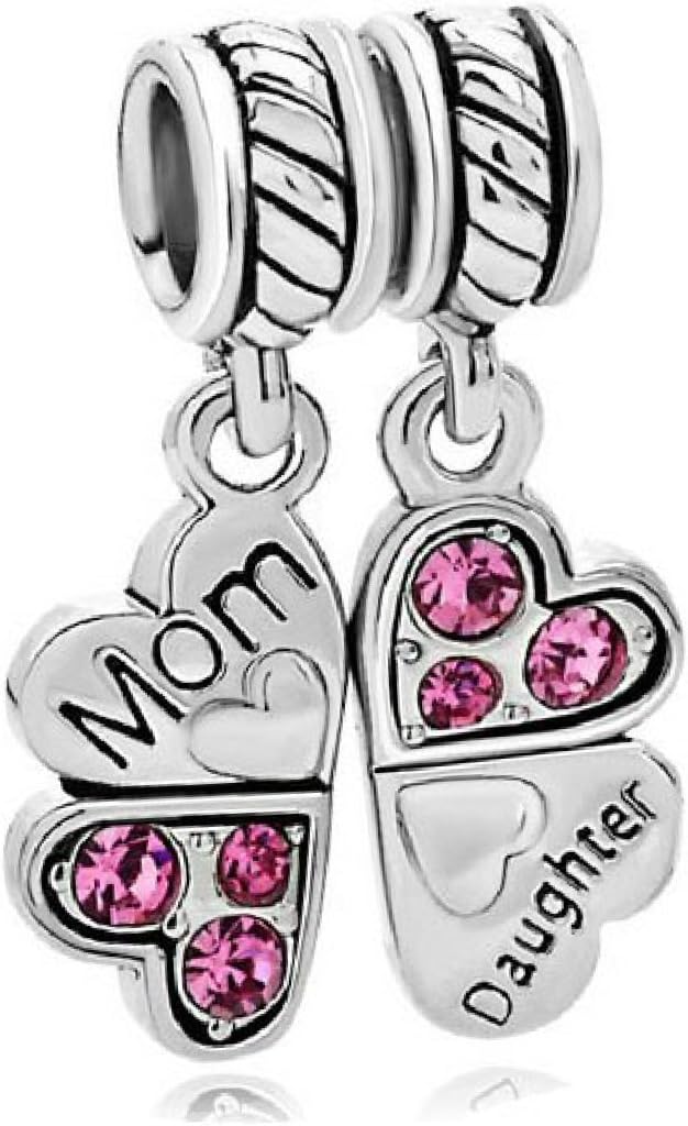 Sterling Silver Rhinestone Mother Daughter Love Heart European Bead Charm