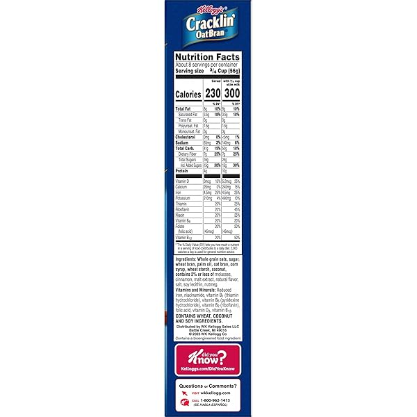 KELLOGG’S CRACKLIN’ OAT BRAN BREAKFAST CEREAL, FIBER CEREAL, FAMILY CEREAL, ORIGINAL, 16.5OZ BOX (1 BOX)