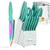 KATISUN Kitchen Knife Set with Block, 14 Piece Rainbow Titanium Coated Stainless Steel Knives Set, Anti-Rust and Dishwasher Safe, 12 Knives with Kitchen Shears and Block