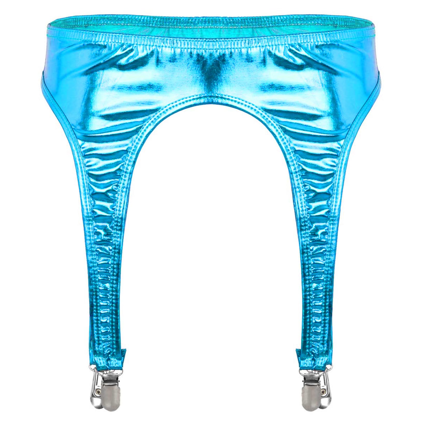 Yeahdor Women's Shiny Metallic Suspender Garter Belt 4 Metal Clips for Thigh High Stockings Light Blue One Size