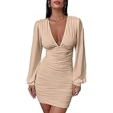 Mokoru Women's Sexy Ruched Bodycon Long Sleeve V Neck Mini Party Cocktail Dress