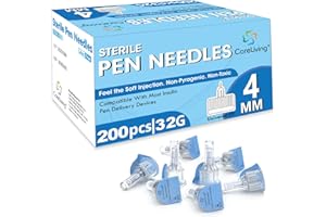 CareLiving 200 Count Insulin Pen Needle 32G 4 mm (5/32”), Universal Fit Compatible with Most Pen Injector Device, Ultra-Thin for Comfortable Insulin Injection