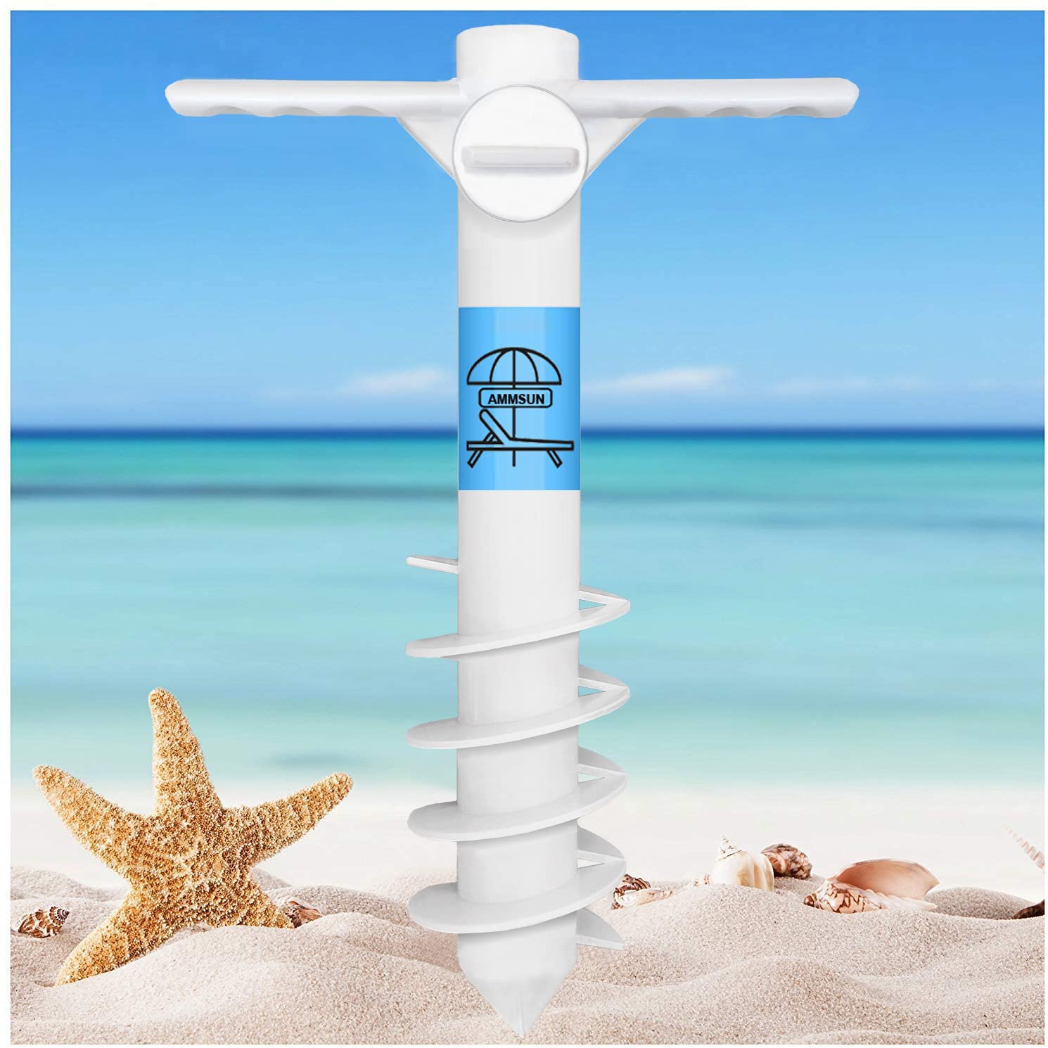 Photo 1 of AMMSUN Beach Umbrella Sand Anchor Heavy Duty, Outdoor Umbrellas Base with 5 Spiral Screw, Universal & One Size Fits Most Beach Umbrella, Safe Umbrella Holder Stand Ideal for Strong Winds White