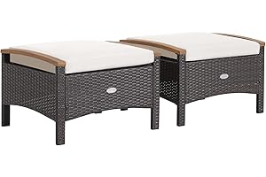 Tangkula 2 Piece Patio Rattan Ottomans, Outdoor Wicker Footstool w/Acacia Wood Handles, Soft Zippered Cushions, 3-in-1 Function Footstool Seat & Side Table for Backyard, Balcony, Poolside (Off White)