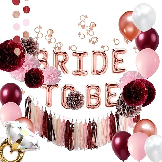 Amazon Com Burgundy And Rose Gold Bachelorette Party Decorations Bridal Shower Kit Tissue Pom Poms Bride To Be Balloons Banner Tassels Garland Ring Confettis All In One Arts Crafts Sewing