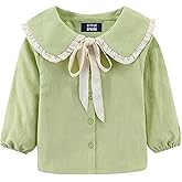 LittleSpring Girls Button Down Shirt with Peter Pan Collar Tie Bow Blouse