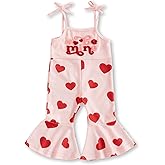 ABlibuy Toddler Baby Girl Valentines Day Outfit Overalls Love Heart Embroidery Romper Bell Bottom Jumpsuit Flare Pants