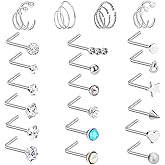 N/D 20G 30Pcs Nose Ring, CZ L Bone Screw Shape Nose Studs, Stainless Steel Body Piercing Jewelry, Women Men Silver Tone