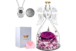 ANWEAO Mothers Day Rose Gifts for Mom,Angel Gifts for Women Preserved Flower Rose in Glass Angel Figurines with Necklace,Birthday Gifts for Women,Purple Real Rose Gifts for Mom Wife Friends